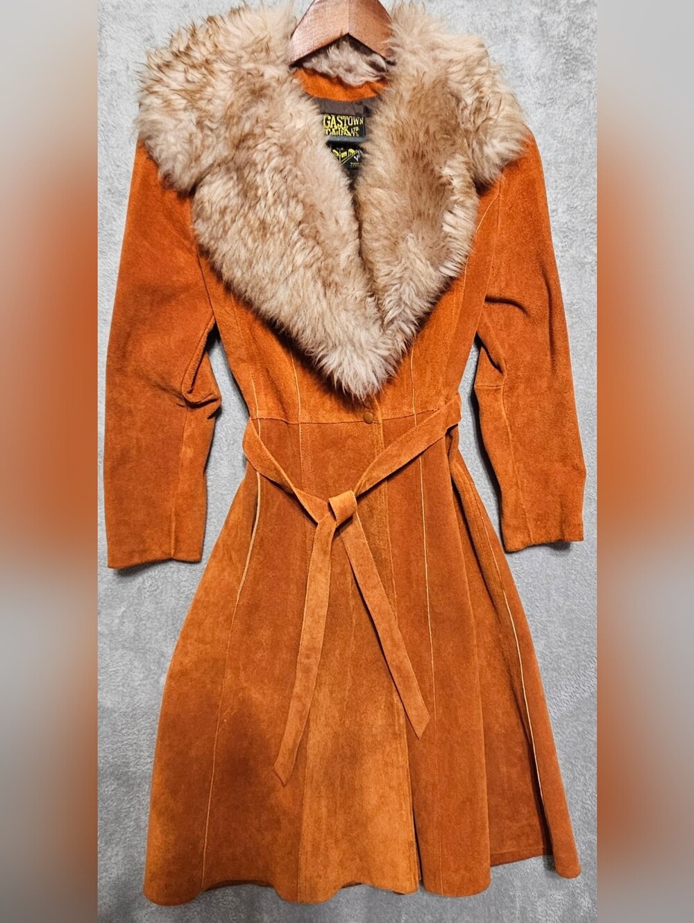 Vintage 70s Penny Lane Coat Shearling Collar Burnt Orange Suede Trench Jacket S - Picture 2 of 8